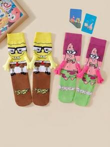SPONGEBOB 1/2 Pair Cute Cartoon SpongeBob Magnetic Couple/Best Friends Mid-Calf Socks, Fashionable Daily Casual Wear & Date Outfit