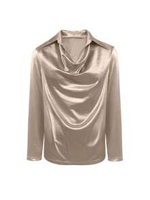 Elegant Satin V - Neck Shirt - Stylish Long - Sleeve Blouse For Women, Suitable For Casual & Sophisticated Office Commute Silk Fabric Fall Shirt