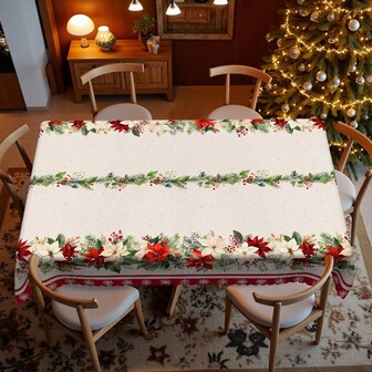 1pc Christmas Tablecloth - Modern Style Tablecloth With Red Wavy Floral Edges (Red & White Flowers), Ivy, Berries, Pine Branches, And Snow Flake Decor - Durable Polyester Fabric - Fits Rectangular & Round Tables, Ideal For Christmas Gifts, New Year Celebrations, Christmas Dinner Table Decor, Christmas Decorations
