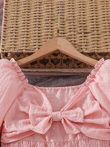 女童优雅蝴蝶结方领长袖连衣裙，春秋装 - 粉色 - 查看 3