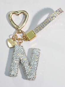 1pc White Ceramic Rhinestone Letter Keychain, Cute Personalized Bag/Car Key Chain, Simple Heart Decor For Mom, Friends, Valentine's Day Halloween Accessories Teachers Day Christmas Gift Ideas Bag Accessories Lanyards With Id Holder Car Accessories Bag Charms