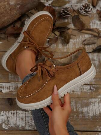 棕色缝线设计平底系带鞋，绒面革休闲通勤鞋，带装饰缝线，秋季，平底鞋，手工平底鞋，秋季，春秋季新款时尚低帮平底鞋