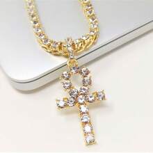 ANKH Cross Pendant ICED Tennis Chain Gold Plated Silver Rose Hip Hop CZ Necklace - 14k黃金 - 查看 1