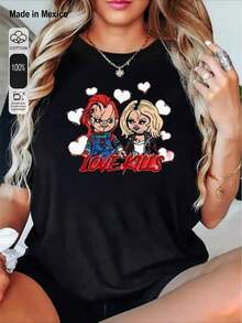 1 camiseta unisex estampada de corte holgadoCartoon Streetwear style two characters LOVE KILLSIdeal para combinar con ropa informal, actividades deportivas y de fitness, viajes y vacaciones, o como regalo para amigos y familiares.Adecuado para ocasiones como las vacaciones de verano, Halloween y el Día de la Independencia de México. - Negro - Ver 1