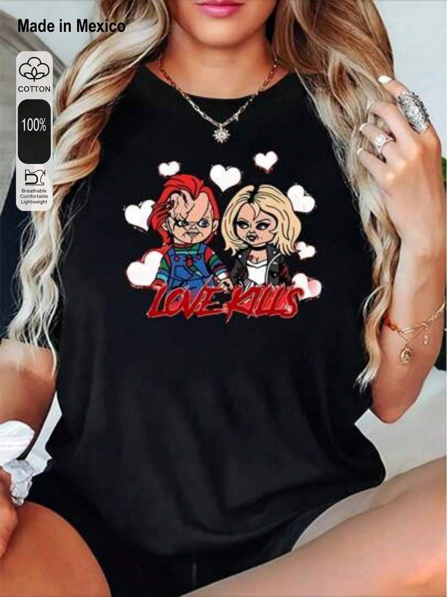 1 camiseta unisex estampada de corte holgadoCartoon Streetwear style two characters LOVE KILLSIdeal para combinar con ropa informal, actividades deportivas y de fitness, viajes y vacaciones, o como regalo para amigos y familiares.Adecuado para ocasiones como las vacaciones de verano, Halloween y el Día de la Independencia de México. - Negro - Ver 1