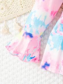 Young Girls Tie-Dye Flare Sleeve Round Neck Top + Heart Print Slim Fit Pants Set