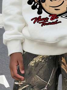 青少年男孩卡通图案保暖圆领运动衫和梭织长裤套装 - 白色 - 查看 5