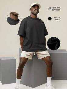 Oversized Turtleneck T-Shirt Streetwear Cotton Urban Style Casual Workout Black  And Brown Printed - 黑色 - 查看 3