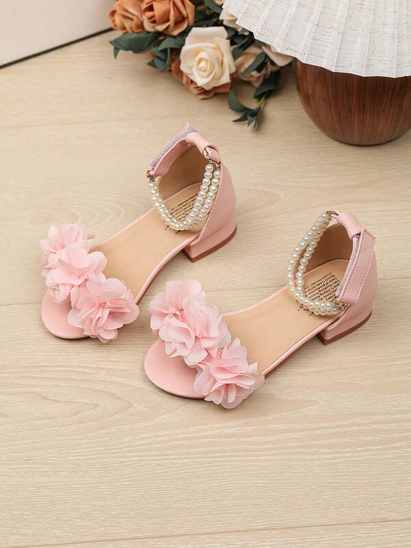New Fashion High Heel Flower Decor Strap Sandals For Little Girls, Princess Style, Suitable For Children, Students, Performances, Runway, Korean Version