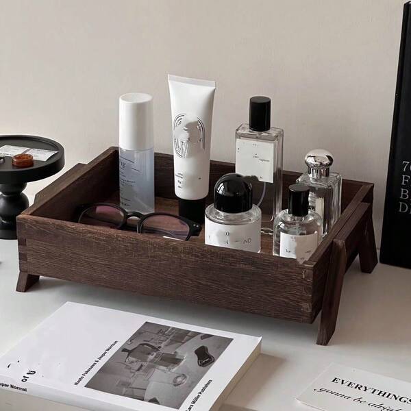 Organizador de maquiagem de mesa de madeira premium de 1 peça, bandeja de penteadeira estilo retrô chinês, suporte de armazenamento
