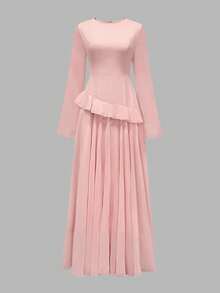 Women's Elegant Ruffle Trim Tie-Waist Flare Sleeve Dress, Spring/Summer - Pink - View 8