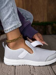 Women's Slip-On Mesh Shoes, Flat Heel, Casual Comfort Sneakers, Gray, Hook And Loop Closure, Soft Sole, Lightweight, Daily Wear, Autumn - Grey - View 13