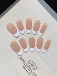 10片纯手工可穿戴短款杏仁形指甲板，简约风格，手绘白色法式指尖裸色指甲底色，高端美甲人造指甲板成品适合女士和女孩日常佩戴，搭配指甲套装按压式指甲美甲用品指甲 - 白色 - 查看 5