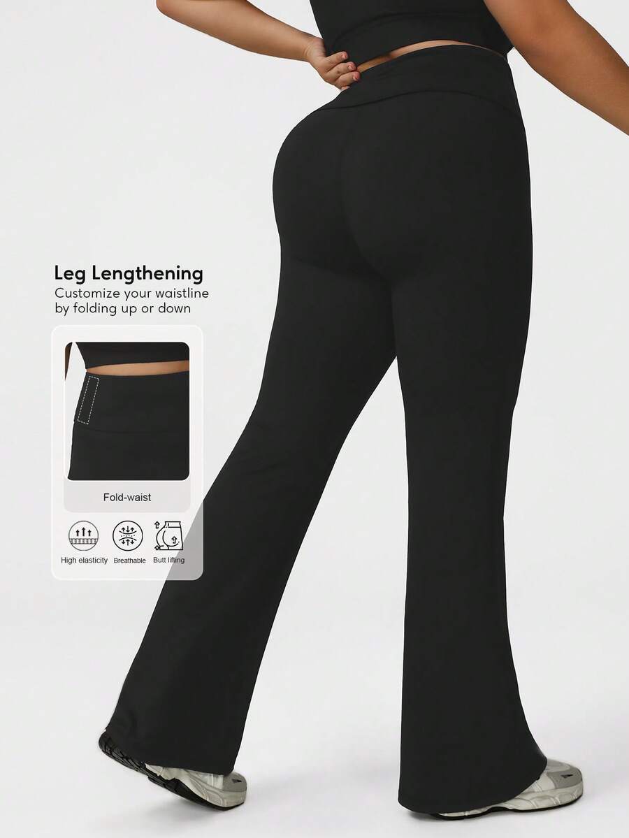 Sodalemon Plus Size Women's Foldable Waist Elastic Fitness Leggings, Outdoor Casual Tennis Flare Pants
