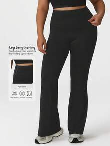 Sodalemon Plus Size Women's Foldable Waist Elastic Fitness Leggings, Outdoor Casual Tennis Flare Pants - Black - View 3