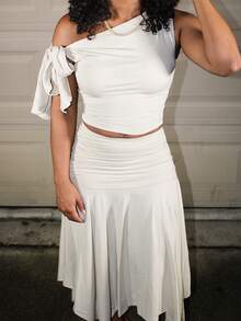 Steph T Ladies' Solid Color Graduation Season White Dress, Asymmetric Oblique-Shoulder Top With Tied Straps + Asymmetrical Hem High Side Slit Ruched Skirt - Apricot - View 1