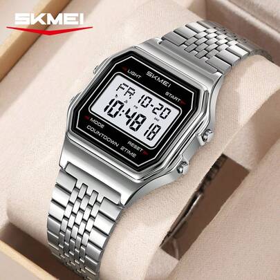  Reloj digital de lujo para hombre SKMEI 2465 con correa de acero inoxidable transparente, pantalla digital rectangular, pequeño reloj de negocios