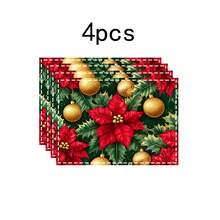1 set/1 pieza/4 piezas/6 piezas Manteles individuales con estampado de flores de acebo navideñas, lavables a máquina, de poliéster rectangular, protectores de mesa, manteles individuales termoaislantes, decoraciones de mesa de restaurante, suministros para fiestas, decoraciones navideñas que pueden regalarse