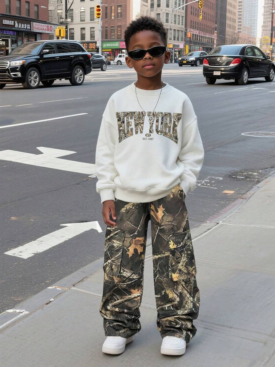 Tween Boy Letter Graphic Print Warm Crew Neck Sweatshirt And Woven Long Pants Set - trắng - Xem 1