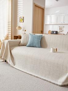 1 Stück Chenille-Sofadecke mit Quasten, einfarbig, gewebtes, kratzfestes Design, geeignet für Wohnzimmer, Schlafzimmer, Büro, neue Heimdekoration, alte Sofadekoration, 1-4-Sitzer-Sofabezug - Beige - Übersicht 6