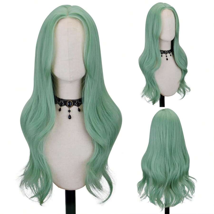Long Mint Green Wavy Wig Middle Part Curly Wavy Wig Natural Look Synthetic Heat Resistant Fiber Wig, Suitable For Daily Party Use