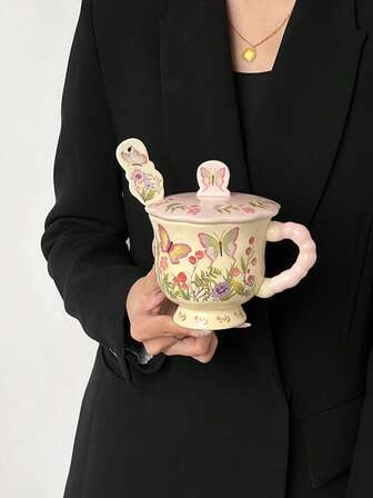 Butterfly Flower Mugs, Large Capacity Handle Ceramic Mugs, Suitable For Home Or Office, Ideal For Coffee, Milk, Latte, Hot Cocoa, Juice, Tea, The Exquisite Patterns On The Cup Make It An Excellent Choice For Gifting Family Or Friends During Holidays