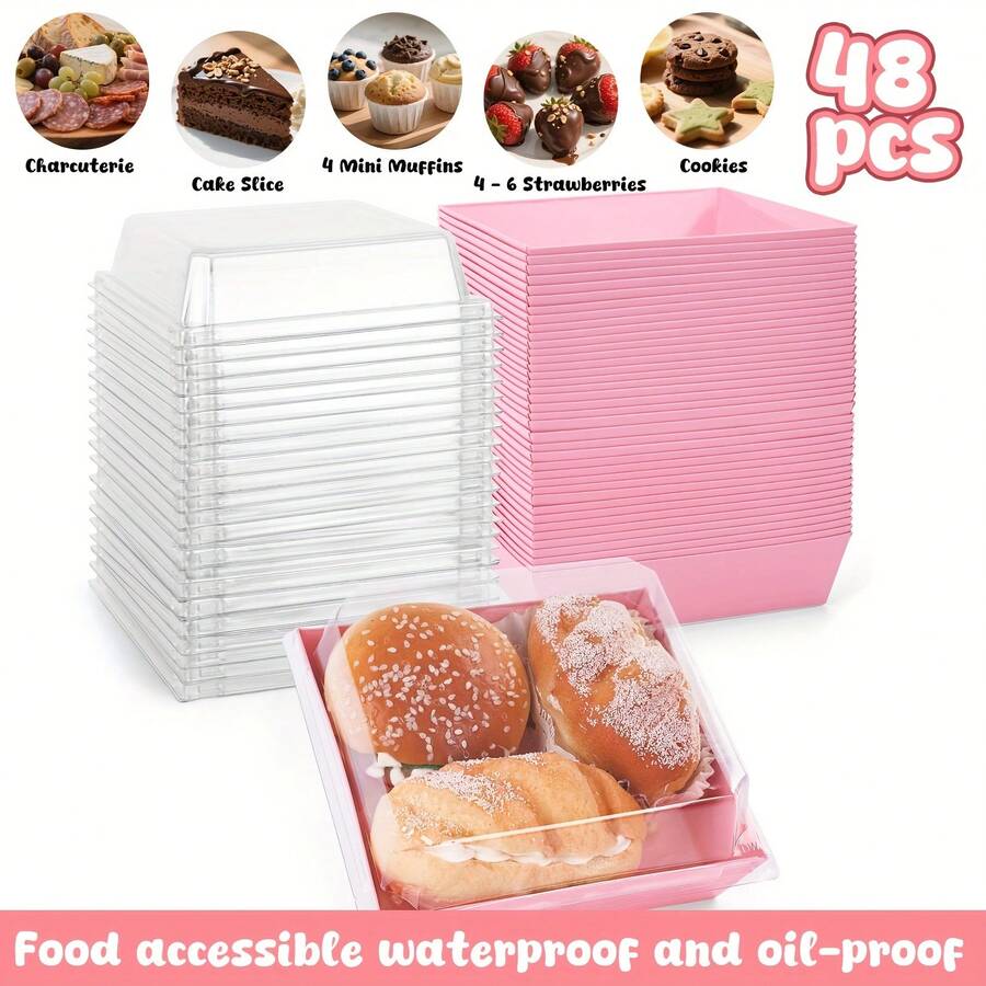 48pcs Pink Oil-Proof Paper Cake Slice Boxes With Clear Lids - 4.72inch Food-Dessert Containers For Bakery, Macarons, Cookies, Charcuterie, Treat Boxes Dessert Boxes For Class Birthday Wedding Party Mother's Day Gift, Gift Box - Pink - View 1