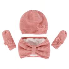 Baby Bow Beanie Fall Winter Toddler Knit Hat Scarf Glove Set Pompom Beanie Hat Fleece Neck Warmer