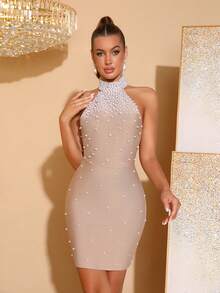 New Elegant Pearl Beaded Backless Sleeveless Bodycon Mini Bandage Dress, Sexy Women's Formal Evening Gown For Birthday Party, Formal Dinner, Carnival, Easter - Apricot - View 1