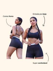 Women's Fitness Set Gym Open Back Top With Shorts - 黑色 - 查看 3
