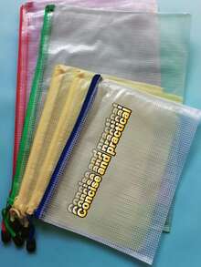 5pcs/Set Large Capacity Zipper Mesh Bags, Transparent Waterproof Storage Pouches, Multi-Functional Handheld Stationery Bag For Students, Versatile For Travel, Office Supplies And Home Organization, Fits A4/A5/A3 Documents