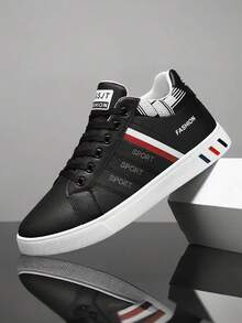 Men's Minimalist Low-Top Skateboard Shoes, Comfortable Lace-Up Striped Casual Shoes, Durable Thick Sole Sneakers, Suitable For Outdoor Activities - Black - View 2