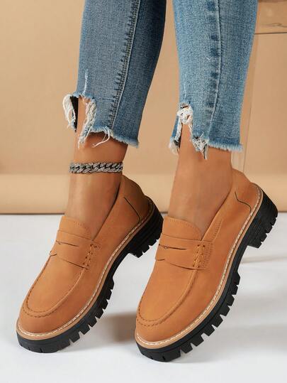 Women's Solid Color Round Toe Slip-On Thick Sole Loafers, 2025 Autumn/Winter New Fashion Versatile European And American Style Brown Penny Loafers, Suitable For Campus, Commuting, Dating And Other Occasions