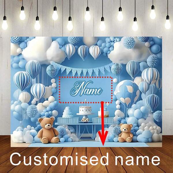 Individuell anpassbare blaue Bär Geburtstag Hintergrund, blaue und weiße Heißluftballon Geburtstagstorte Wolken Dekor Design, personalisierte Geburtstag, Baby-Shower und Party Hintergrund Fotografie Banner Requisite Vinyl