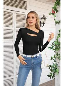 Womens Fashion Fall Cutout Long Sleeve Ribbed Slim Fitted Tops Shirts Tee Tshirts - Xanh dài - Xem 10