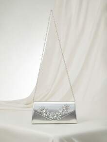 Vince 亮片手提包 1 件装晚宴手提包，饰有闪亮水钻搭扣 - PU 皮革小方包，可单肩、斜挎或手拿 - 适合派对、圣诞节、冬季，是圣诞礼物的理想之选 - 銀色 - 查看 1