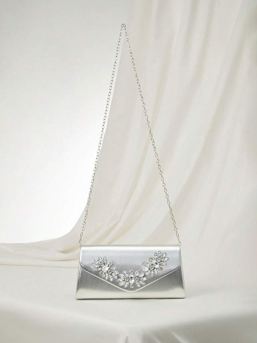 Vince 亮片手提包 1 件装晚宴手提包，饰有闪亮水钻搭扣 - PU 皮革小方包，可单肩、斜挎或手拿 - 适合派对、圣诞节、冬季，是圣诞礼物的理想之选 - 銀色 - 查看 1