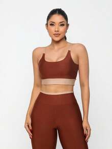Premium Suplex Fitness Set With Pants And Non-Transparent Cup Top, Fitness Gym Clothing Kit, High Compression Leggings - 雙色焦糖 - 查看 1