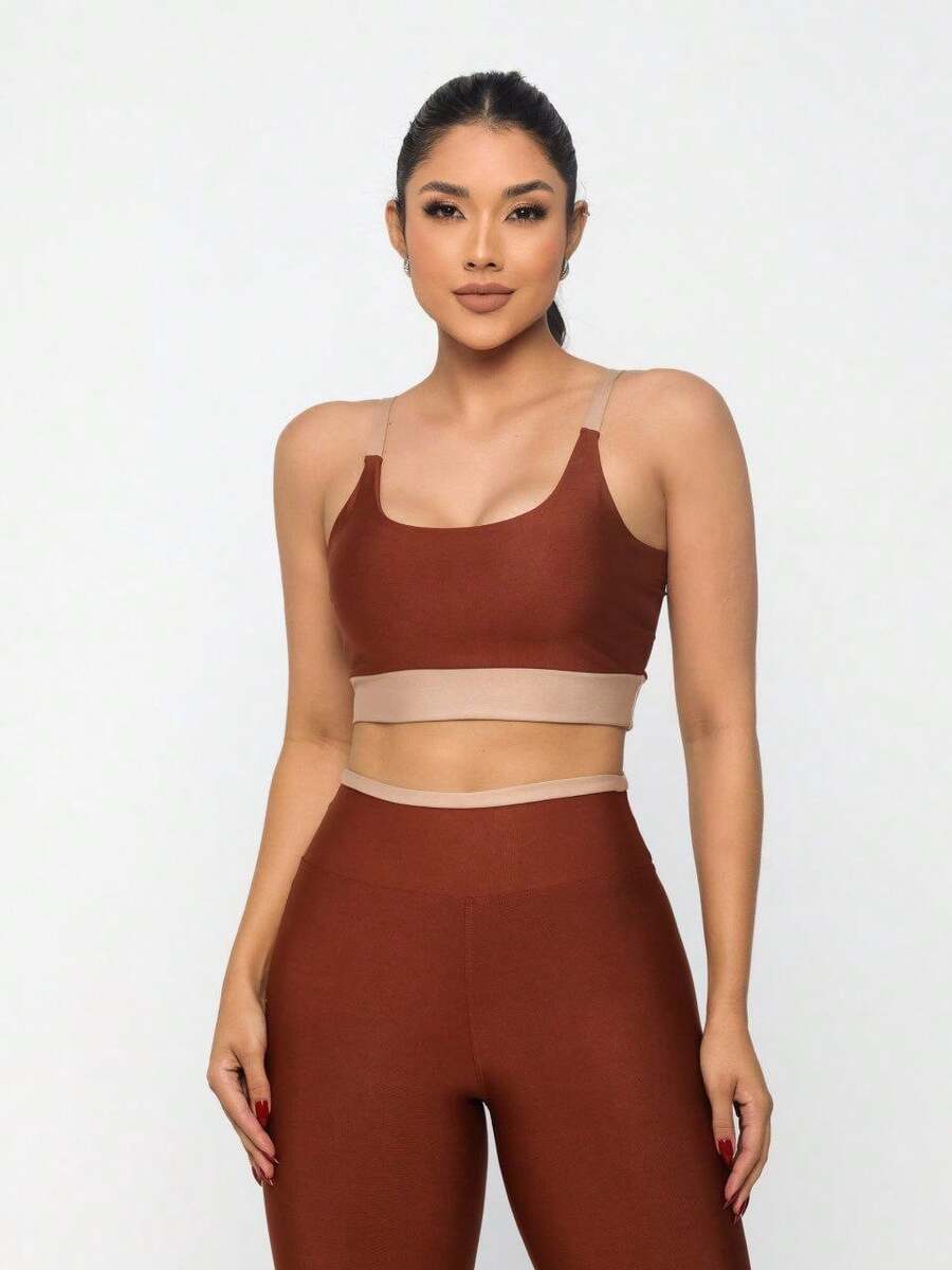 Premium Suplex Fitness Set With Pants And Non-Transparent Cup Top, Fitness Gym Clothing Kit, High Compression Leggings - 雙色焦糖 - 查看 1