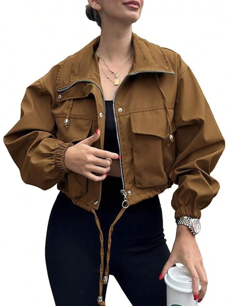 Womens Cropped Zip Up Lightweight Oversized Utility Anorak Coat With Pockets, Style EBU0 - Brown - View 1