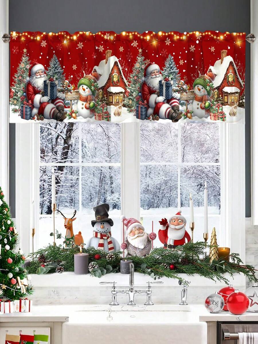 Cortinas de cozinha com saia de Natal de 1 peça, cortinas curtas de poliéster com bolso para vara e boneco de neve de Papai Noel fofo de 55 x 18 polegadas, tratamentos de janela para o inverno, decoração festiva de Natal, decorações de Natal para casa 2025