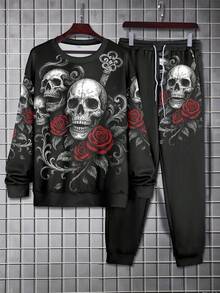2 piezas Chándal de talla grande para hombres con estampado de rosa esqueleto - Sudadera + Pantalones, Estilo oscuro negro, Moda callejera - Adecuado para fiesta de Halloween, Ropa de otoño