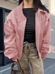 Womens Oversized Leather Bomber Jacket Zip Up Moto Coat With Pockets