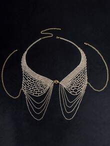 Alluring Angel Wing Body Chain, Sparkling Rhinestone Embellished Sexy Glittery Fringed Chest Chain For Party, Runway, And Festival - Gold - View 11