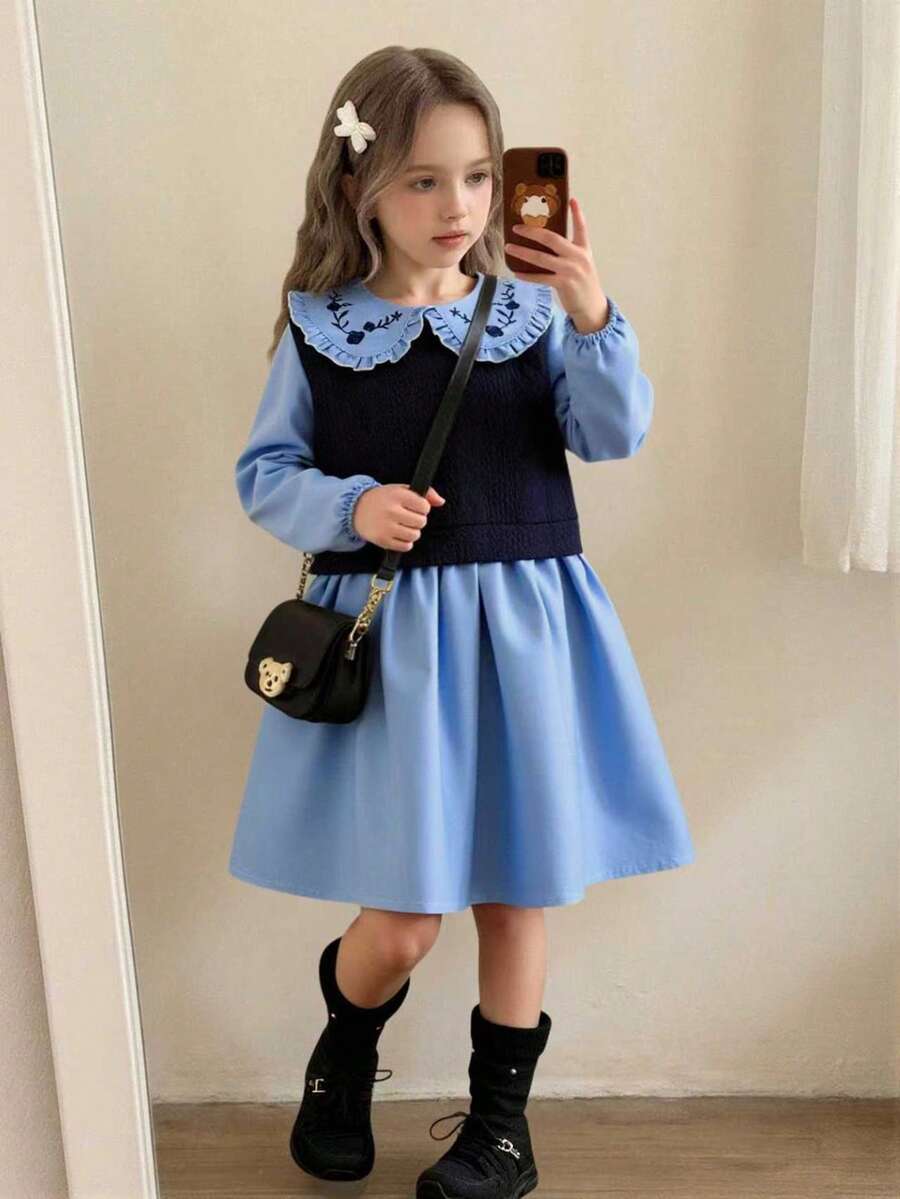 Young Girls' Preppy Style Embroidered Peter Pan Collar 2 In 1 Long Sleeve Patchwork Dress