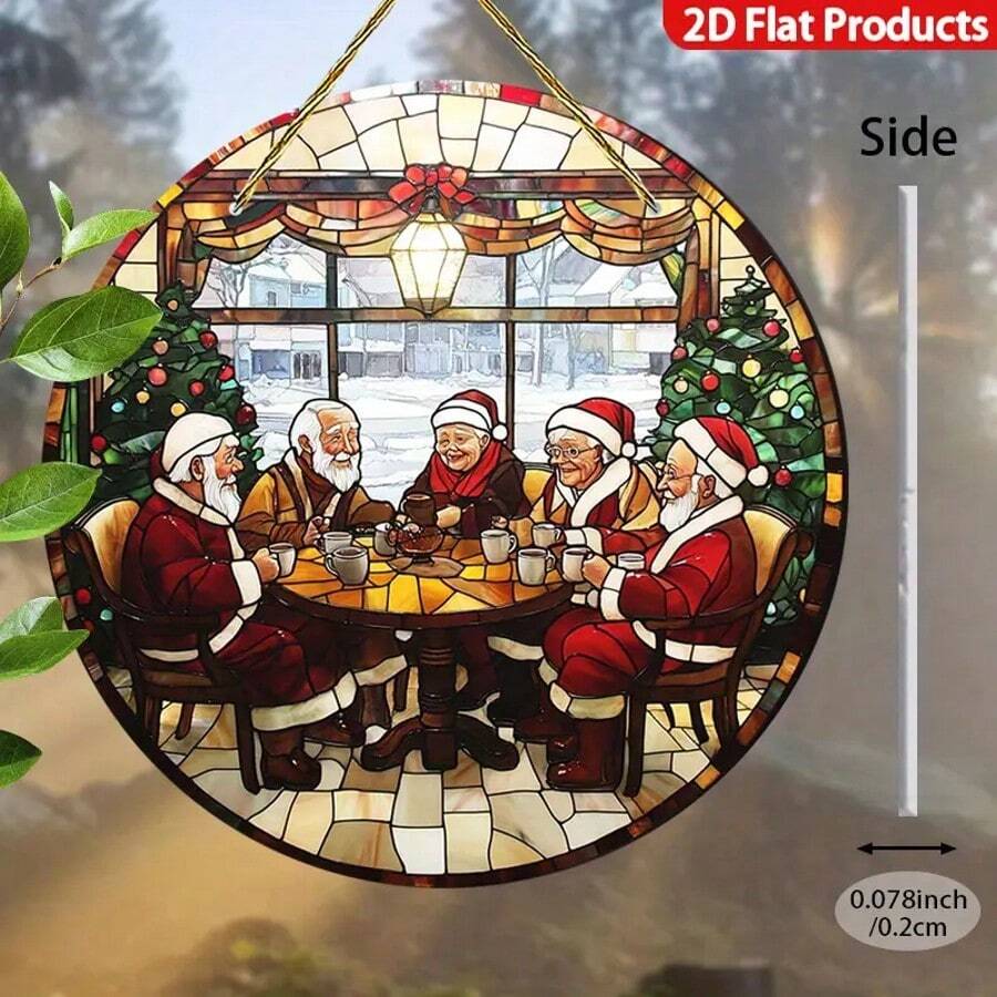 2D plat, capteur de soleil rond et vif en acrylique - scène de Noël avec village enneigé et sapin de Noël, style bohème, 20x20 pouces, idéal pour la véranda, la fenêtre, le jardin et la décoration du salon, cadeau d'anniversaire idéal, décoration de Noël, 2D plat