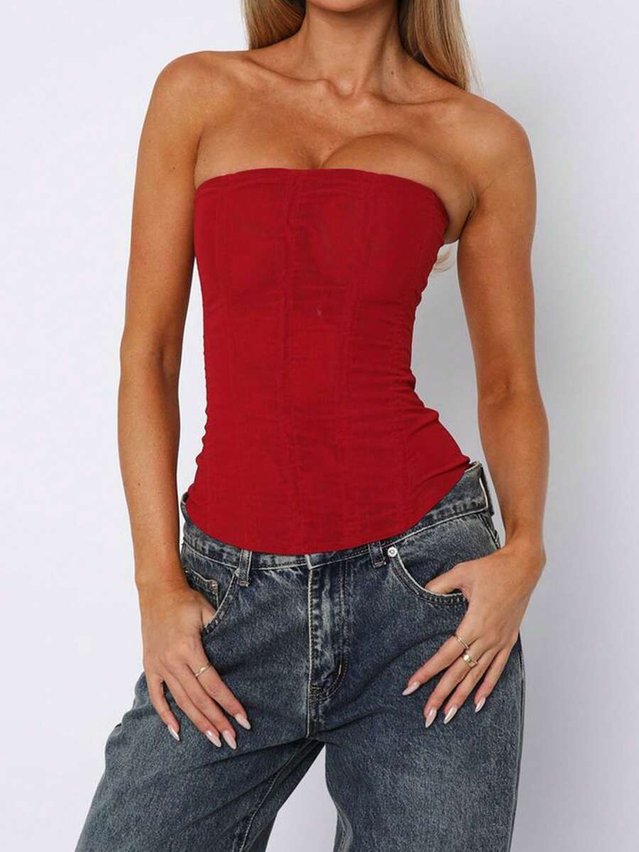 Elegant White Crop Top Mesh Semi-Sheer Corset Boned Overbust Lace Up Back Bodyshaper Tube Tops For  Daily Casual Wear,Music Festival Holiday Black Removable Corset Top, Concert Outfits - 紅色 - 查看 1