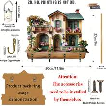 Key Holder For Wall Wooden 2D Flat Village House Shape Key Hooks Hanging Wall Decor For Entryway Living Room Home - xanh quân đội - Xem 7