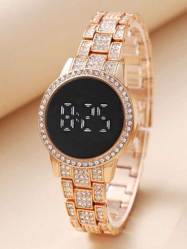 1개 여성 패션 디지털 다이얼 물고기 비늘 스틸 밴드 직사각형 모조 다이아몬드 전자 시계, 데일리 매칭, 생일, 여성 선물, 기념일, 연말 프로모션, 싱글 데이, 할로윈 프로모션에 적합, 선물 상자 없음