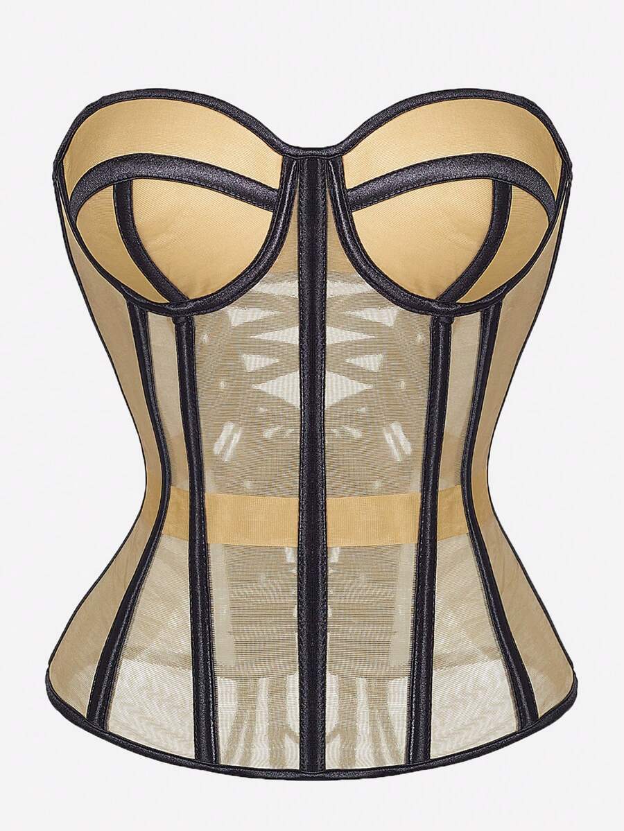 1 pieza Top tipo bustier de malla transparente, body corto con cordones de satén y encaje sexy sin tirantes, adecuado para salidas de mujeres/fiestas de Halloween